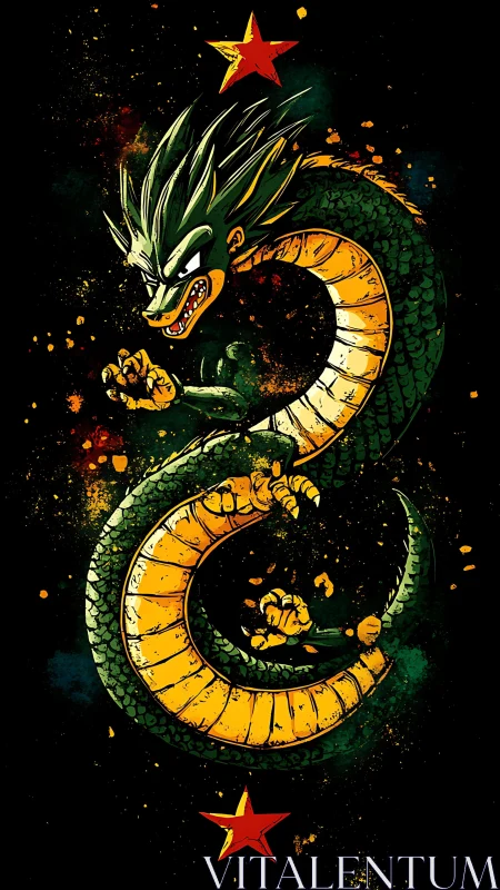Coiled Saiyan dragon howls between twin rebel stars.