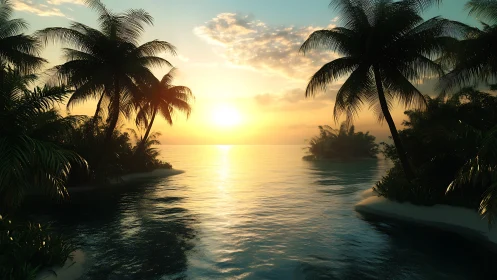 Tropical Sunset Between Silhouetted Palms Over Water.