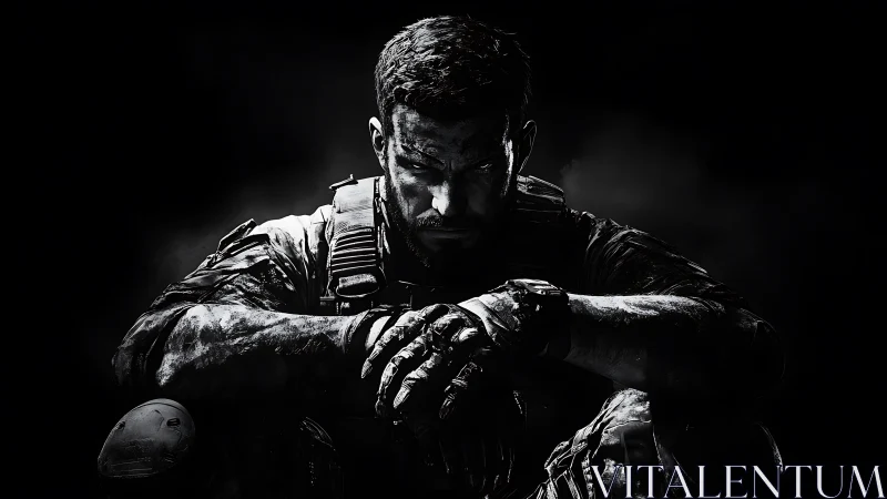 Brooding soldier portrait in stark monochrome lighting.