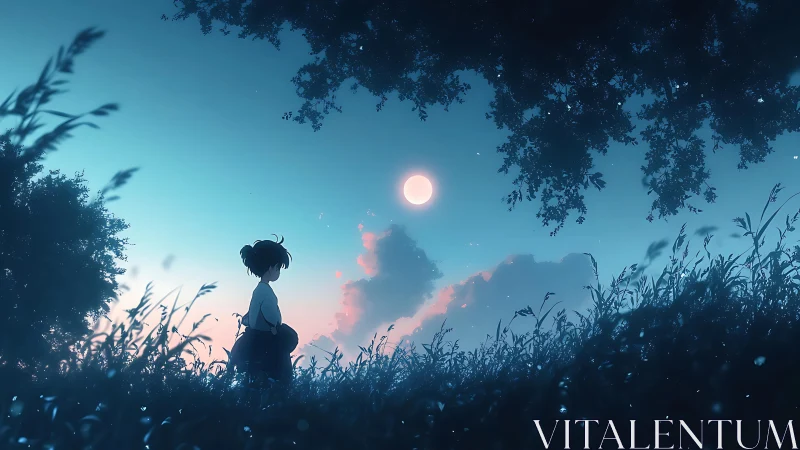 Solitary child under luminous moon in dreamlike meadow.