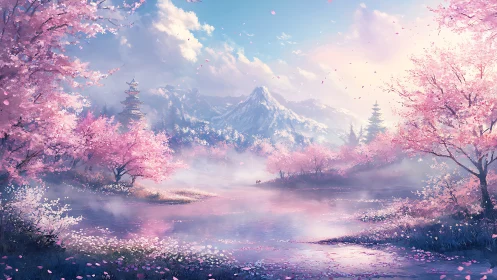 Serene cherry blossom valley encircles misted alpine lake