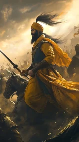 Gallant turbaned warrior rides forward through glowing battle