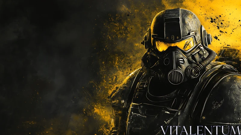 Armored soldier stands against vivid yellow battlefield haze