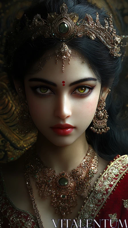 Regal digital portrait of jeweled woman in ornate sari