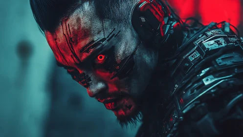 Cybernetic warrior portrait with red ocular implant and armor