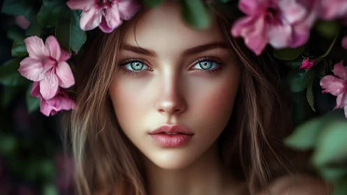 Digital portrait of blue-eyed woman framed by flowers.