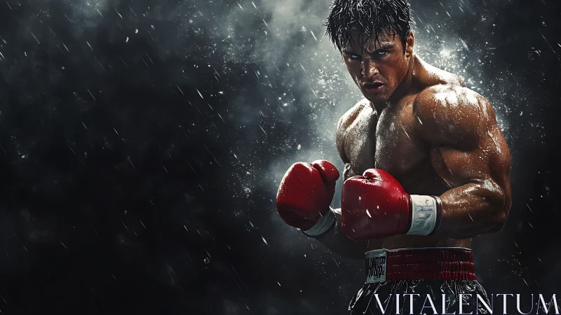 Boxer in Rain. Muscular Athlete Ready for Battle.