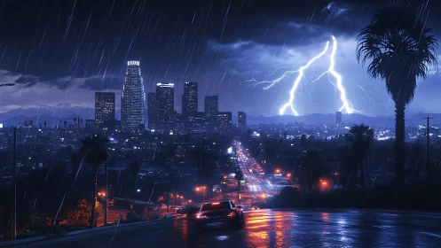 Night city skyline with lightning storm over wet highway.