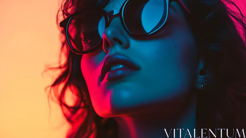 Neon-lit portrait captures bold sunglasses and glossy lips.