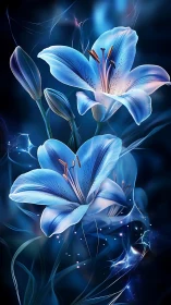 Ethereal Blue Lilies Against Cosmic Darkness.
