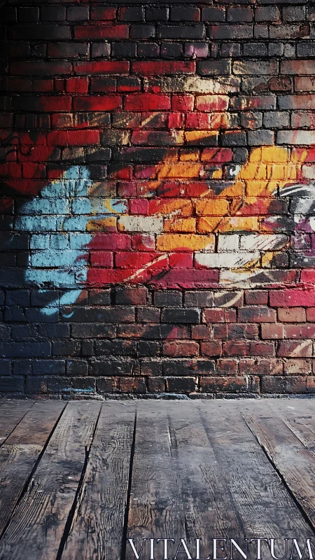 Brick wall with abstract graffiti above worn wooden floor.