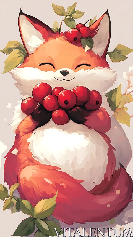 Berry-loving fox cuddling forest fruit with cozy joy.