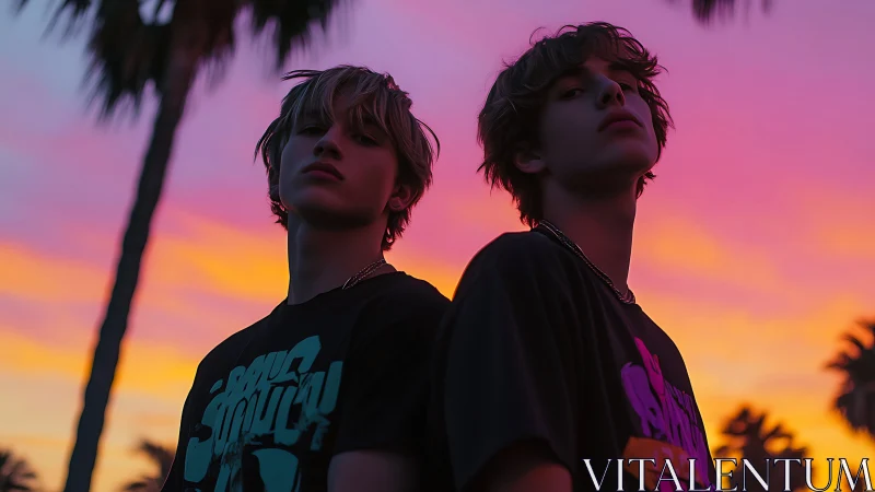 Two youths stand back to back against saturated sunset sky