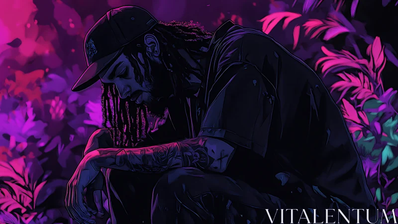 Neon-lit contemplative figure rendered in moody digital noir