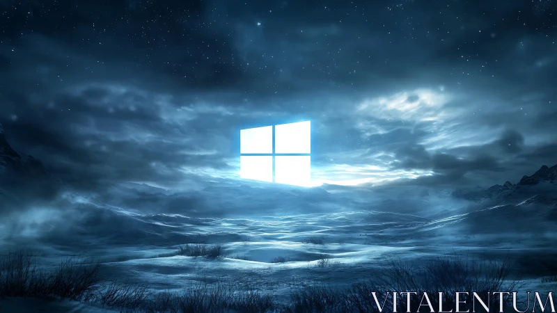 Glowing window over a dreamlike frozen night landscape.