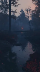 Moody Forest Stream at Twilight Hour.