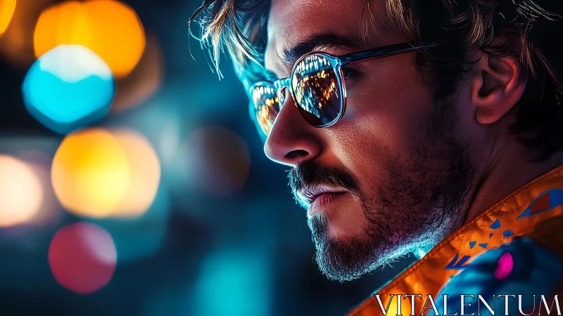 Man wearing reflective sunglasses set against neon city lights