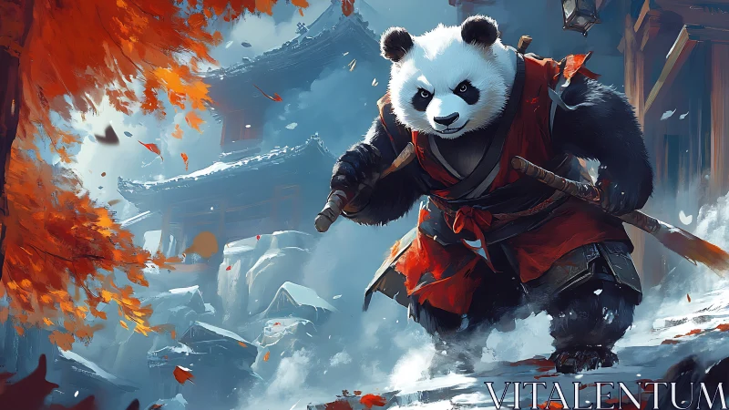 Dynamic warrior panda in cinematic autumn shrine setting.