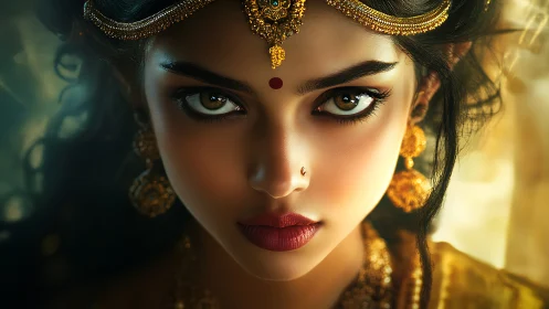 Golden gaze of a regal woman in intricate jeweled finery.