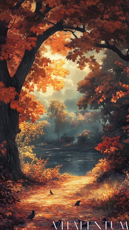 Autumn riparian corridor under volumetric golden backlight.