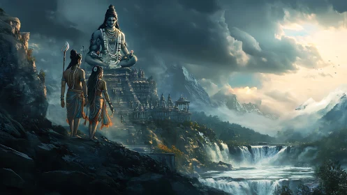 Digital landscape shows temple complex beneath seated statue