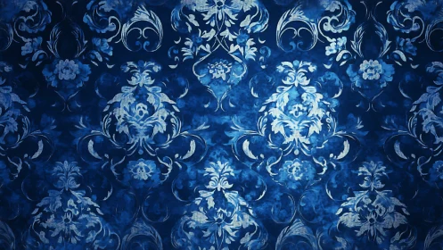 Ornate blue damask pattern with floral baroque forms.
