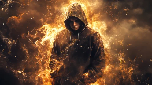 Hooded firewalker broods within a storm of rising embers.