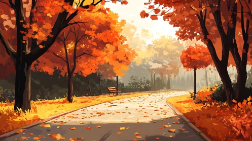 Autumn park path with bench under vivid orange trees.