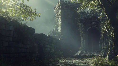 Ancient stone fortress gate shrouded in mossy forest light.