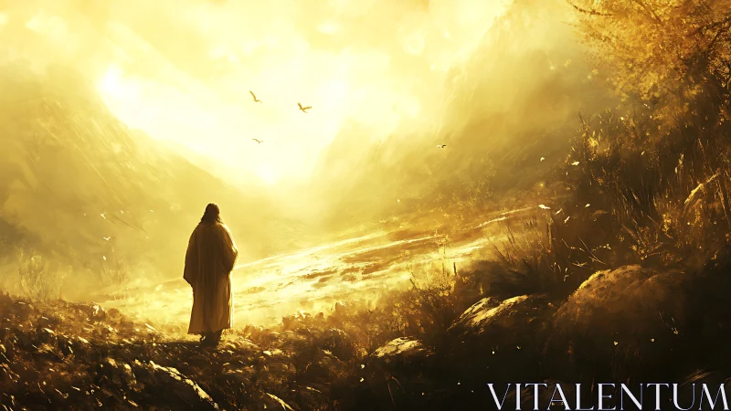 Lone robed wanderer walks into a blazing golden dawn valley.