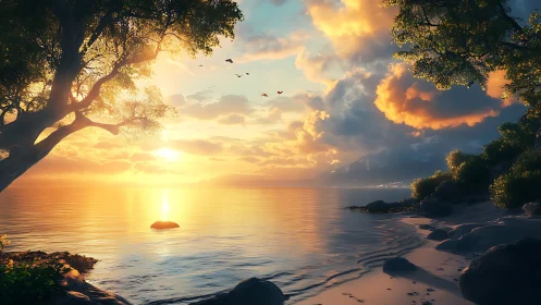 Golden sunrise paints a peaceful shore with gentle, glowing light