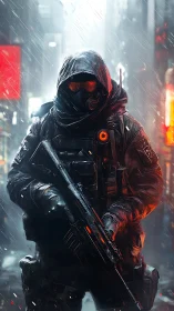 Heavily armed urban soldier in rain soaked futuristic street.