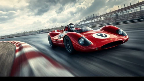 Red vintage race car rounds circuit corner at sustained speed