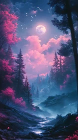 Moonlit forest valley shows contrasting magenta and blue tones