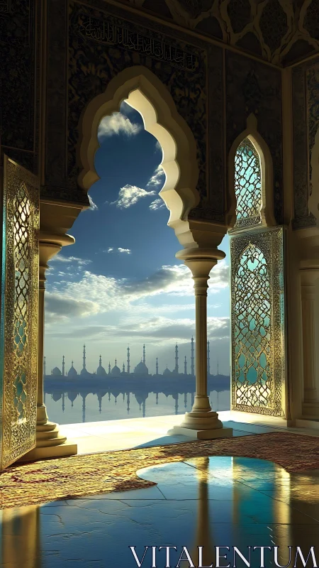 Sunlit mosque courtyard overlooks reflective waters at dawn