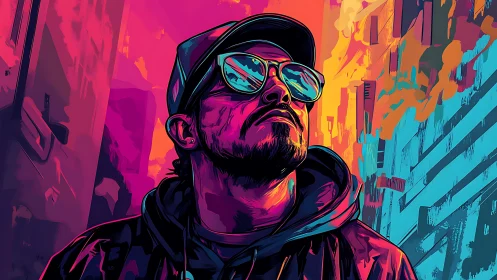 Urban dreamer lifts his gaze in bold neon city colors