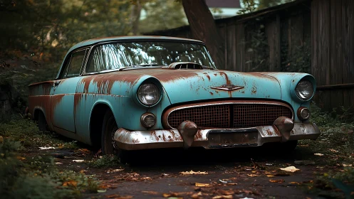 Rusting turquoise classic sedan abandoned in backyard.