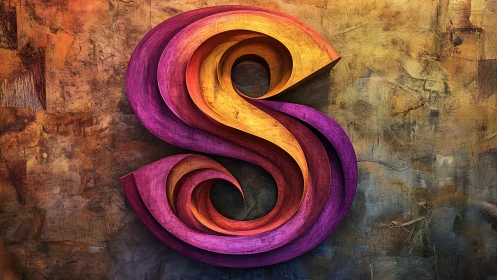 Swirling letter S in glowing sunset colors on textured wall.
