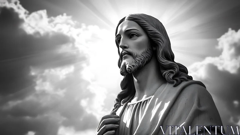 Radiant marble Christ statue under dramatic sunbeams.