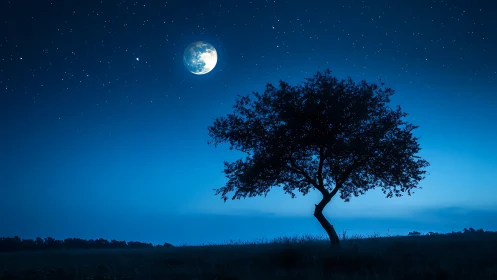 Single tree stands under moonlit, star-filled blue night sky