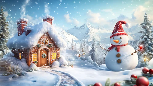 Snowman stands beside snow covered cottage in winter valley