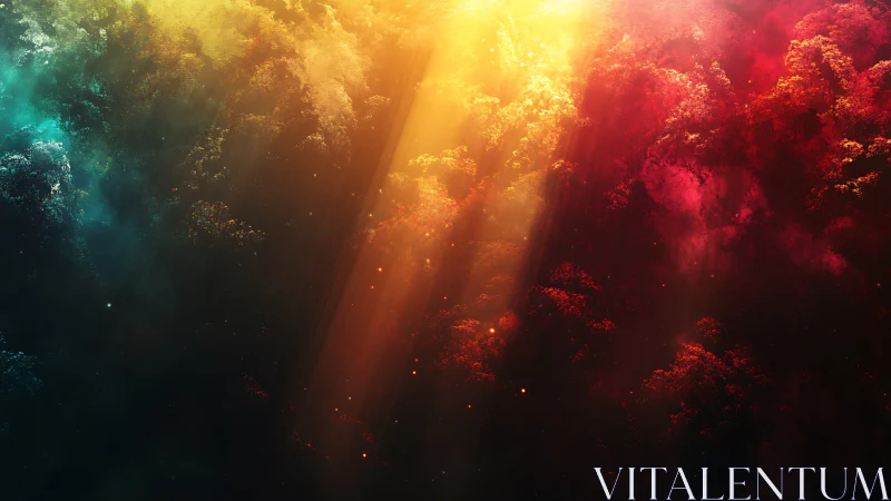 Prismatic nebula clouds pierced by radiant golden light