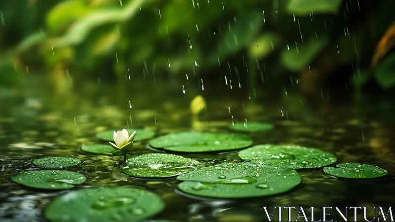 Water lily rests under soft rain on emerald pond.
