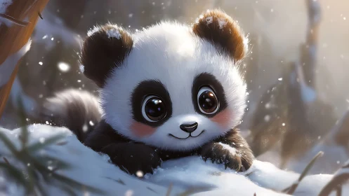 Hyper-detailed baby panda cub rendered in snowy forest light