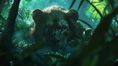 Stealth lion with cyan eyes in cinematic jungle lighting.