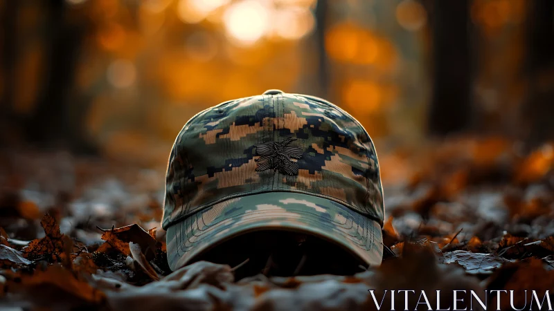 Camo cap resting softly in warm autumn forest light.