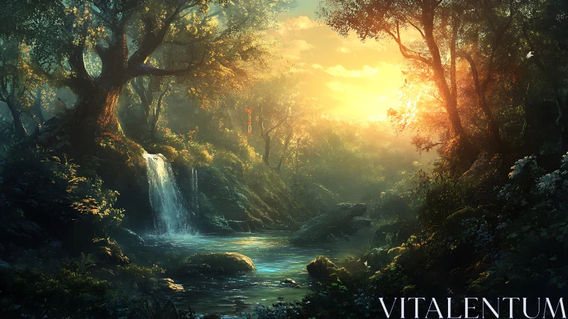 Enchanted Waterfall Through Sunlit Forest Canopy.