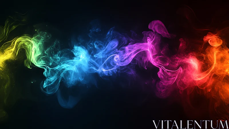 Horizontal band of multicolored luminous smoke on black.