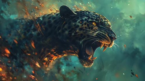 Black jaguar with luminous fire effect and gold eye detail.