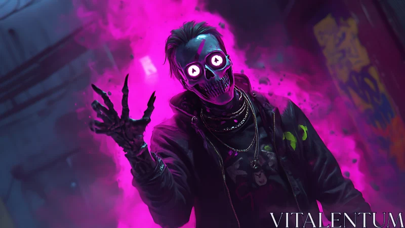 Neon skull figure with toxic pink aura in urban alleyway.